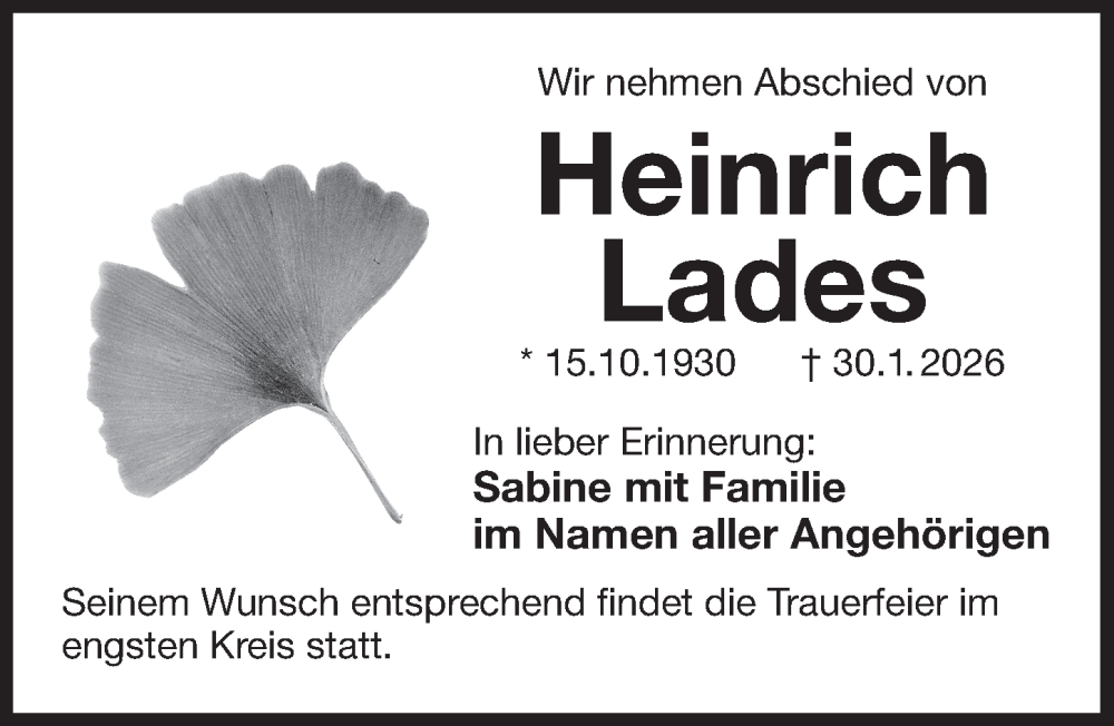  Traueranzeige für Heinrich Lades vom 07.02.2026 aus Der Bote