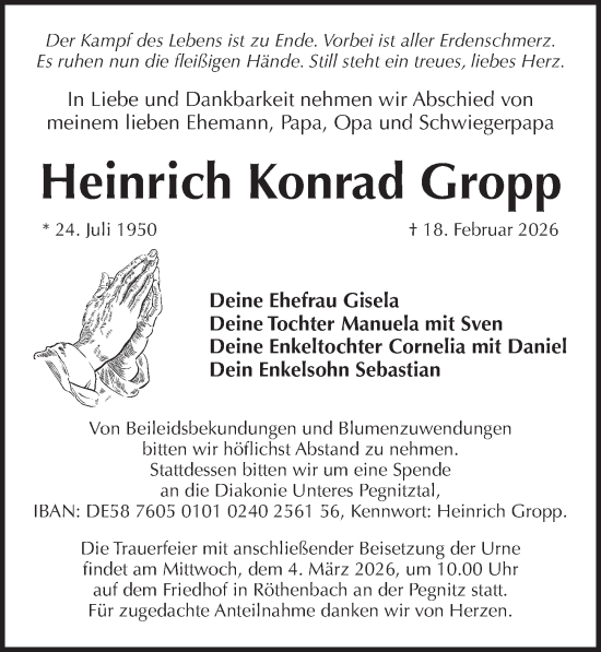Traueranzeige von Heinrich Konrad Gropp von Pegnitz-Zeitung