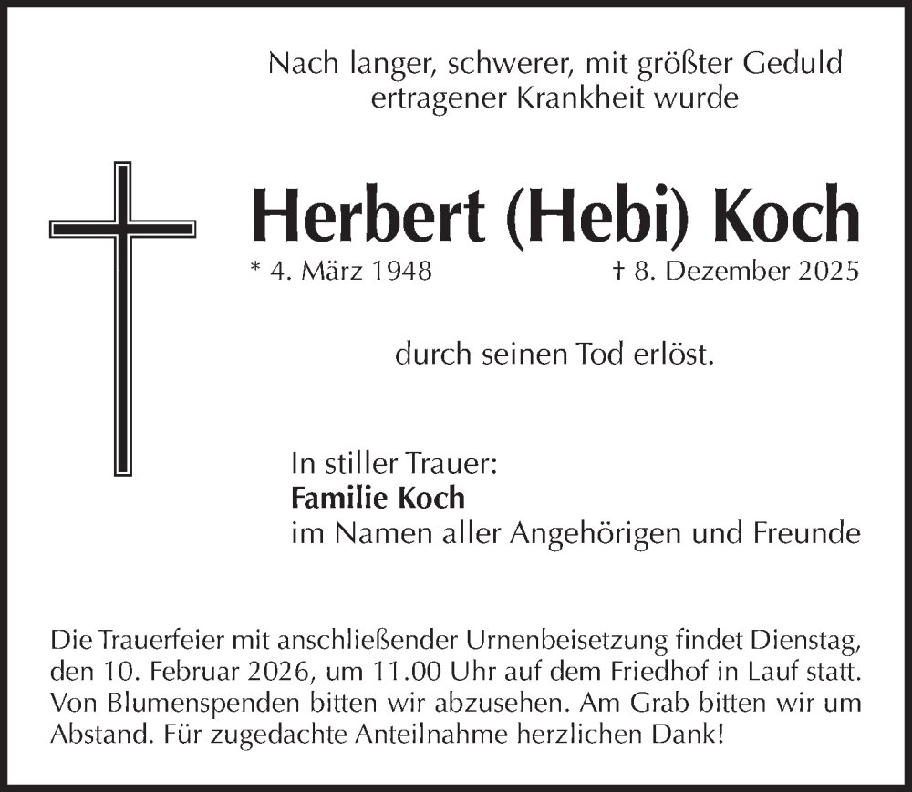  Traueranzeige für Herbert Koch vom 07.02.2026 aus Pegnitz-Zeitung