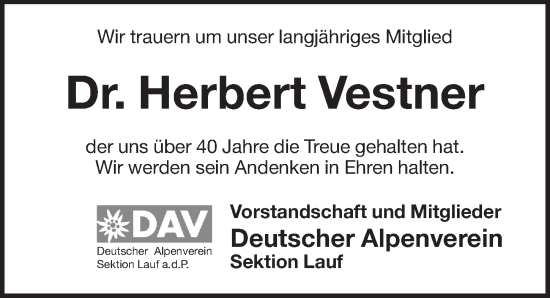 Traueranzeige von Herbert Vestner von Pegnitz-Zeitung