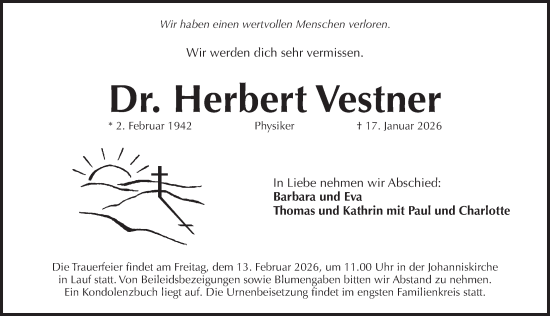 Traueranzeige von Herbert Vestner von Pegnitz-Zeitung