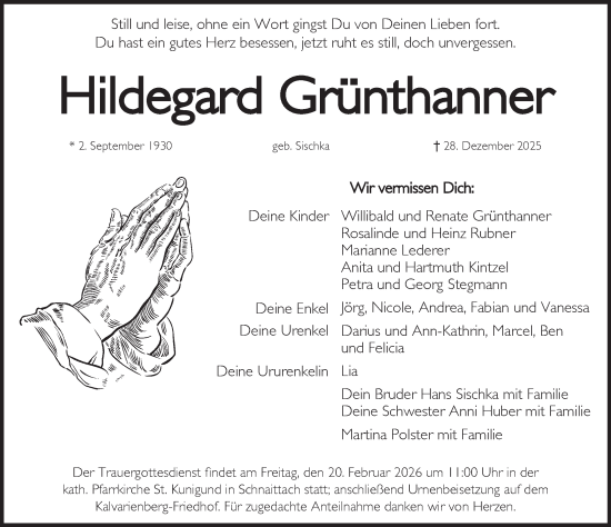 Traueranzeige von Hildegard Grünthanner von Pegnitz-Zeitung
