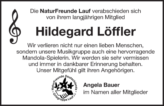 Traueranzeige von Hildegard Löffler von Pegnitz-Zeitung