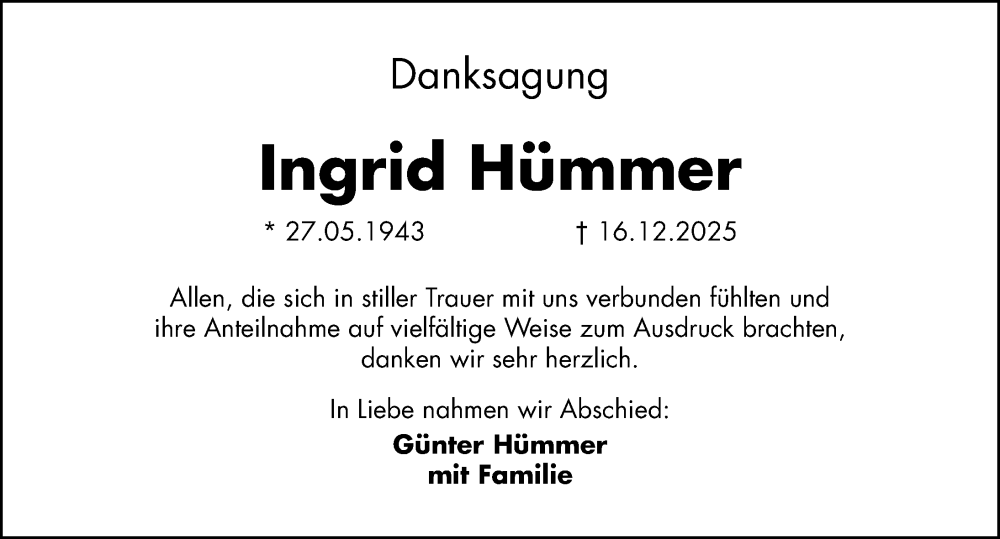  Traueranzeige für Ingrid Hümmer vom 14.02.2026 aus Hersbrucker Zeitung Lokal