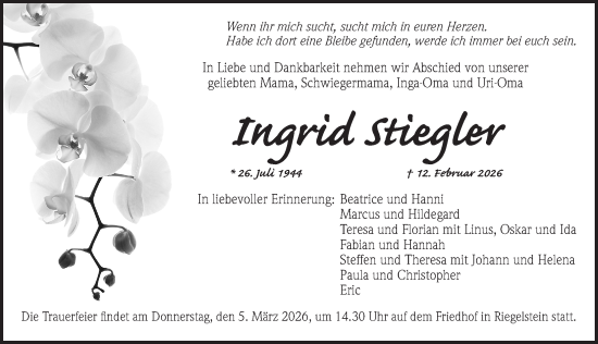 Traueranzeige von Ingrid Stiegler von Pegnitz-Zeitung