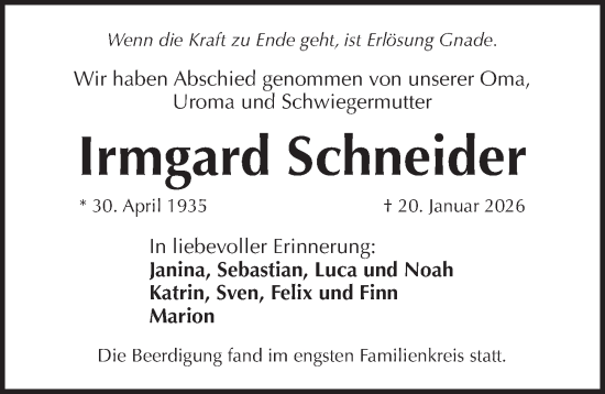 Traueranzeige von Irmgard Schneider von Pegnitz-Zeitung