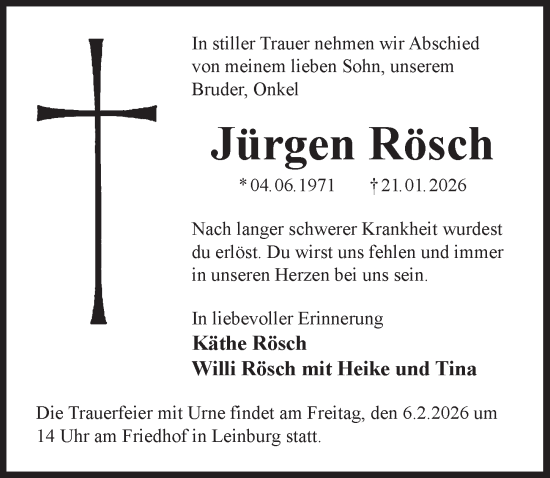Traueranzeige von Jürgen Rösch von Pegnitz-Zeitung