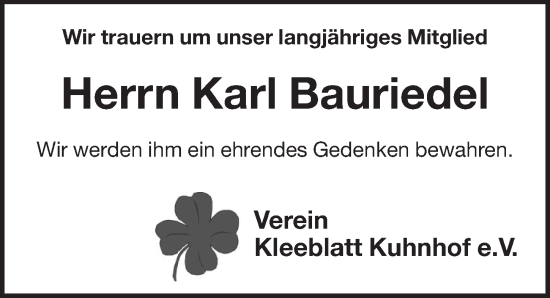 Traueranzeige von Karl Bauriedel von Pegnitz-Zeitung