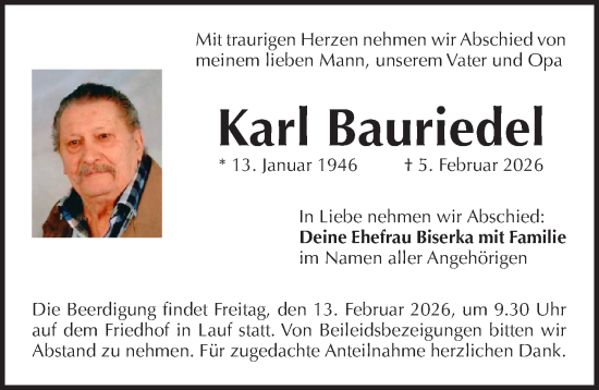 Traueranzeige von Karl Bauriedel von Pegnitz-Zeitung