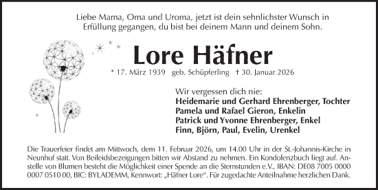 Traueranzeige von Lore Häfner von Pegnitz-Zeitung
