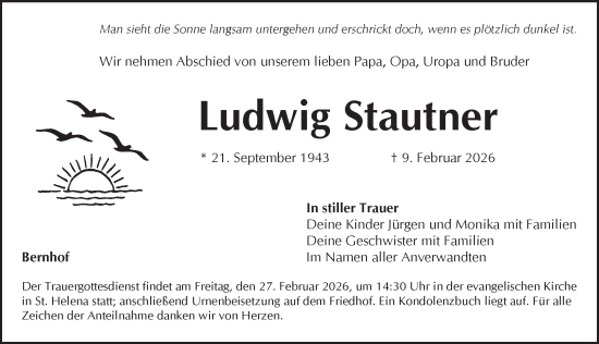 Traueranzeige von Ludwig Stautner von Pegnitz-Zeitung