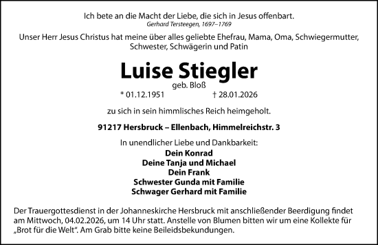 Traueranzeige von Luise Stiegler von Hersbrucker Zeitung Lokal