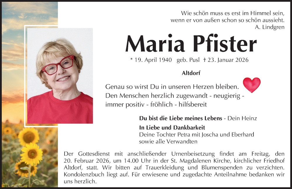  Traueranzeige für Maria Pfister vom 07.02.2026 aus Der Bote