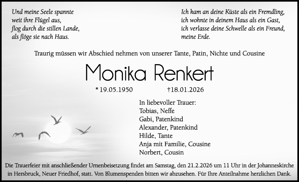  Traueranzeige für Monika Renkert vom 14.02.2026 aus Hersbrucker Zeitung Lokal