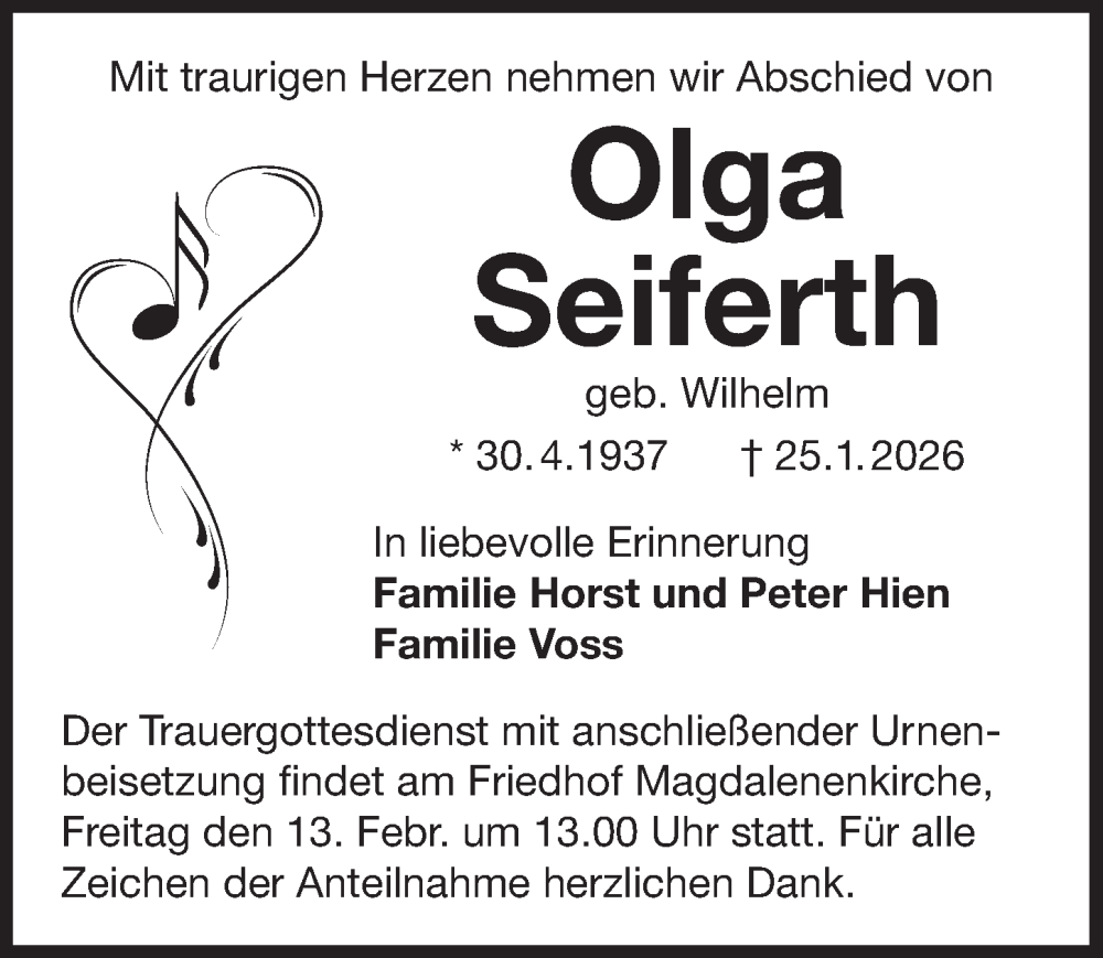  Traueranzeige für Olga Seiferth vom 07.02.2026 aus Der Bote