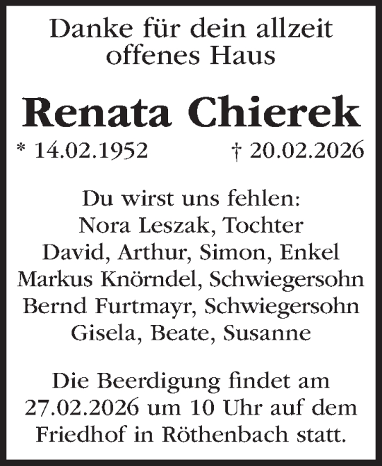 Traueranzeige von Renata Chierek von Pegnitz-Zeitung