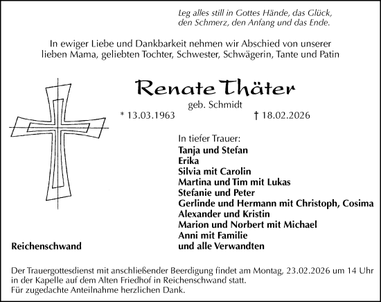 Traueranzeige von Renate Thäter von Hersbrucker Zeitung Lokal