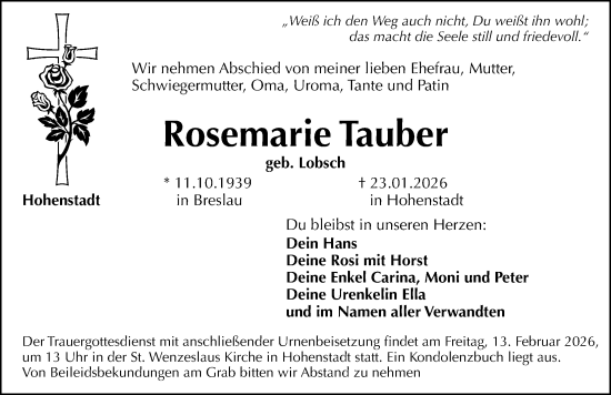 Traueranzeige von Rosemarie Tauber von Hersbrucker Zeitung Lokal