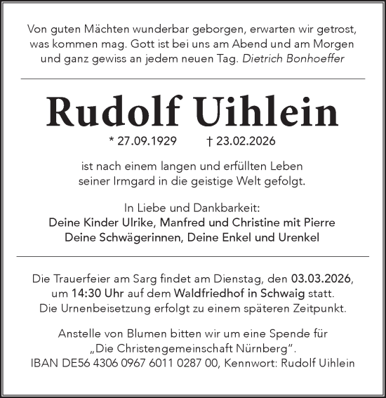 Traueranzeige von Rudolf Uihlein von Pegnitz-Zeitung