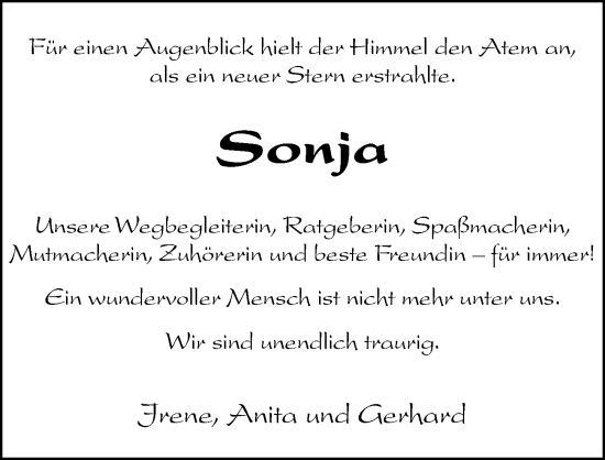 Traueranzeige von Sonja Hirschmann von Hersbrucker Zeitung Lokal