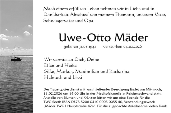 Traueranzeige von Uwe-Otto Mäder von Hersbrucker Zeitung Lokal